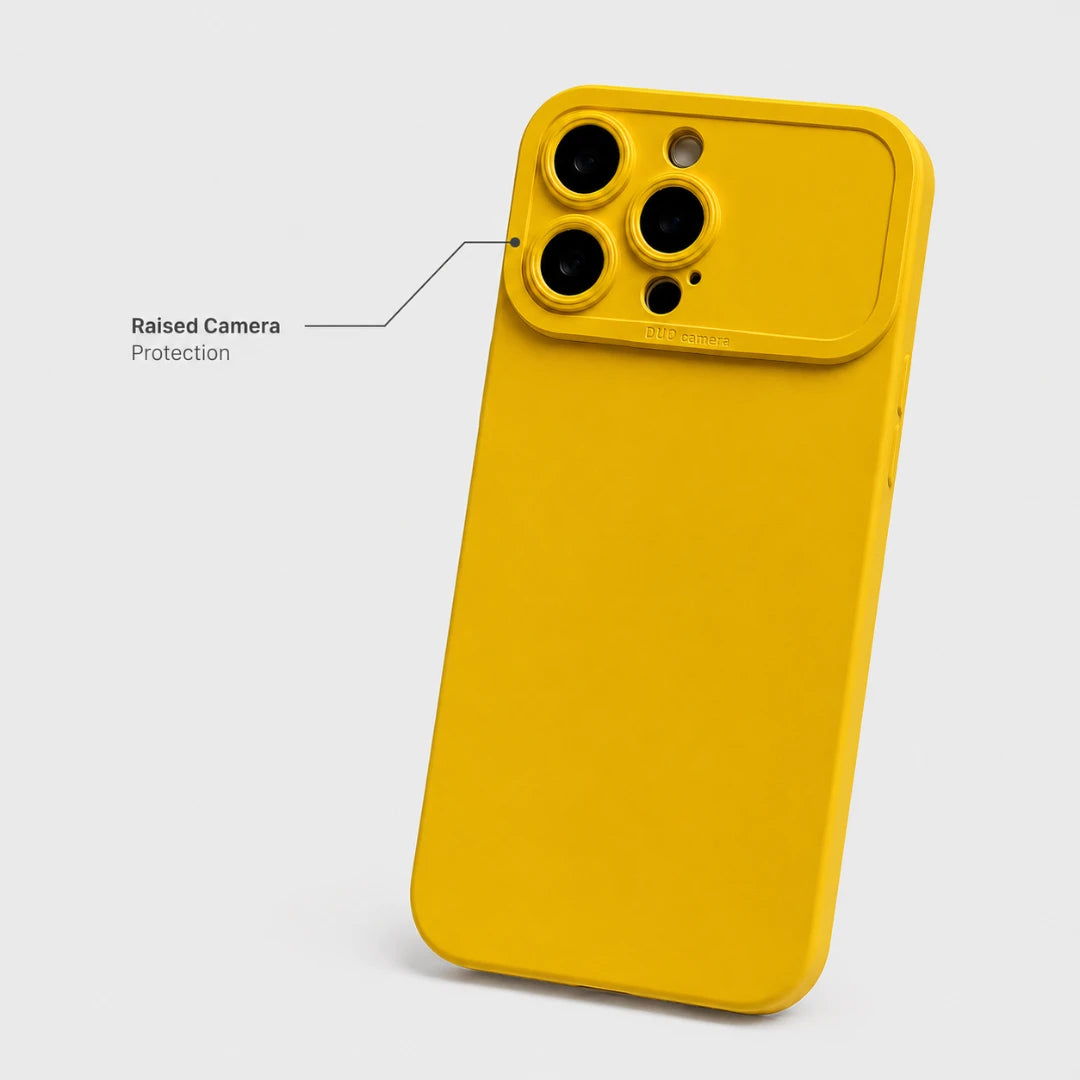 Josh & Tate - ShockProof™ iPhone Case - A bright yellow protective phone case with a raised camera bumper, shown on a light gray background with an explanatory callout line reading 'Raised Camera Protection.'.