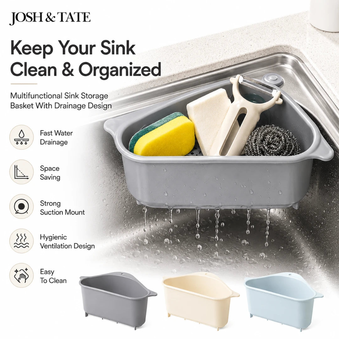 Josh & Tate - SinkEdge™ Corner Strainer Basket - Multifunctional sink storage basket with cleaning tools in a sink, featuring Josh & Tate branding.