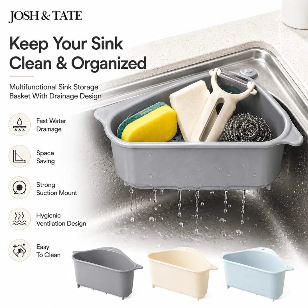 Josh & Tate - SinkEdge™ Corner Strainer Basket - Multifunctional sink storage basket with cleaning tools in a sink, featuring Josh & Tate branding.