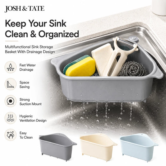 Josh & Tate - SinkEdge™ Corner Strainer Basket - Multifunctional sink storage basket with cleaning tools in a sink, featuring Josh & Tate branding.