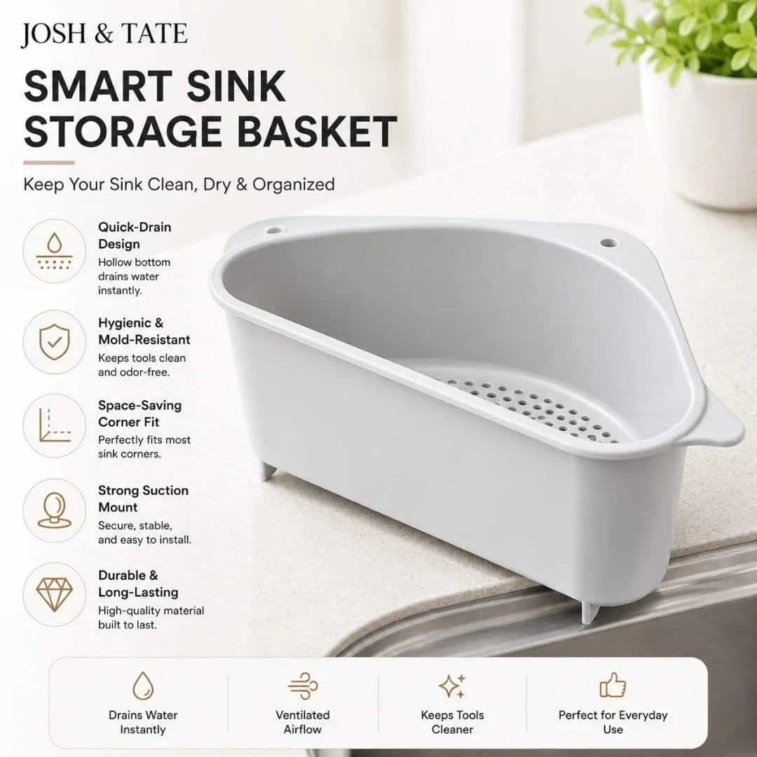 Josh & Tate - SinkEdge™ Corner Strainer Basket - Gray smart sink storage basket with features listed on a white background