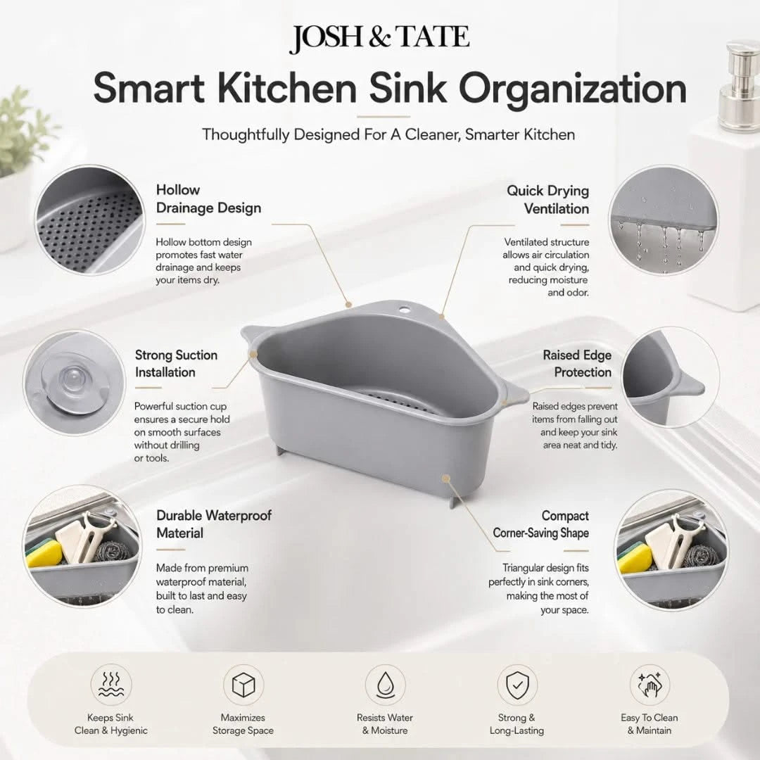 Josh & Tate - SinkEdge™ Corner Strainer Basket - Smart kitchen sink organization product with features highlighted on a white background
