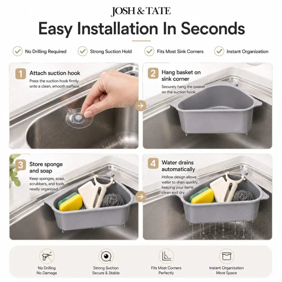 Josh & Tate - SinkEdge™ Corner Strainer Basket - Step-by-step guide on how to install a kitchen sink organizer with text 'Josh & Tate' at the top.