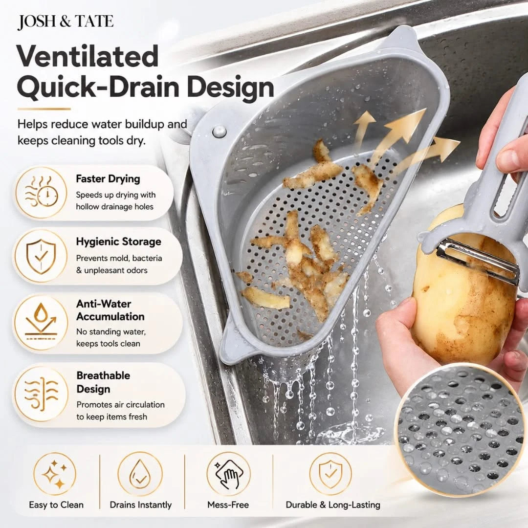 Josh & Tate - SinkEdge™ Corner Strainer Basket - Ventilated quick-drain design kitchen tool with potato peeler and potato, shown in a sink.