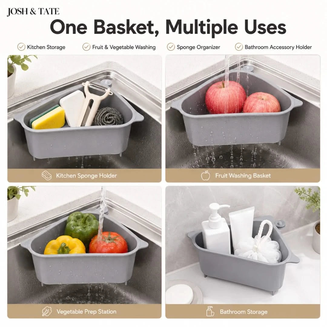 Josh & Tate - SinkEdge™ Corner Strainer Basket - Gray basket used for kitchen storage, fruit washing, sponge organizer, and bathroom accessory holder.