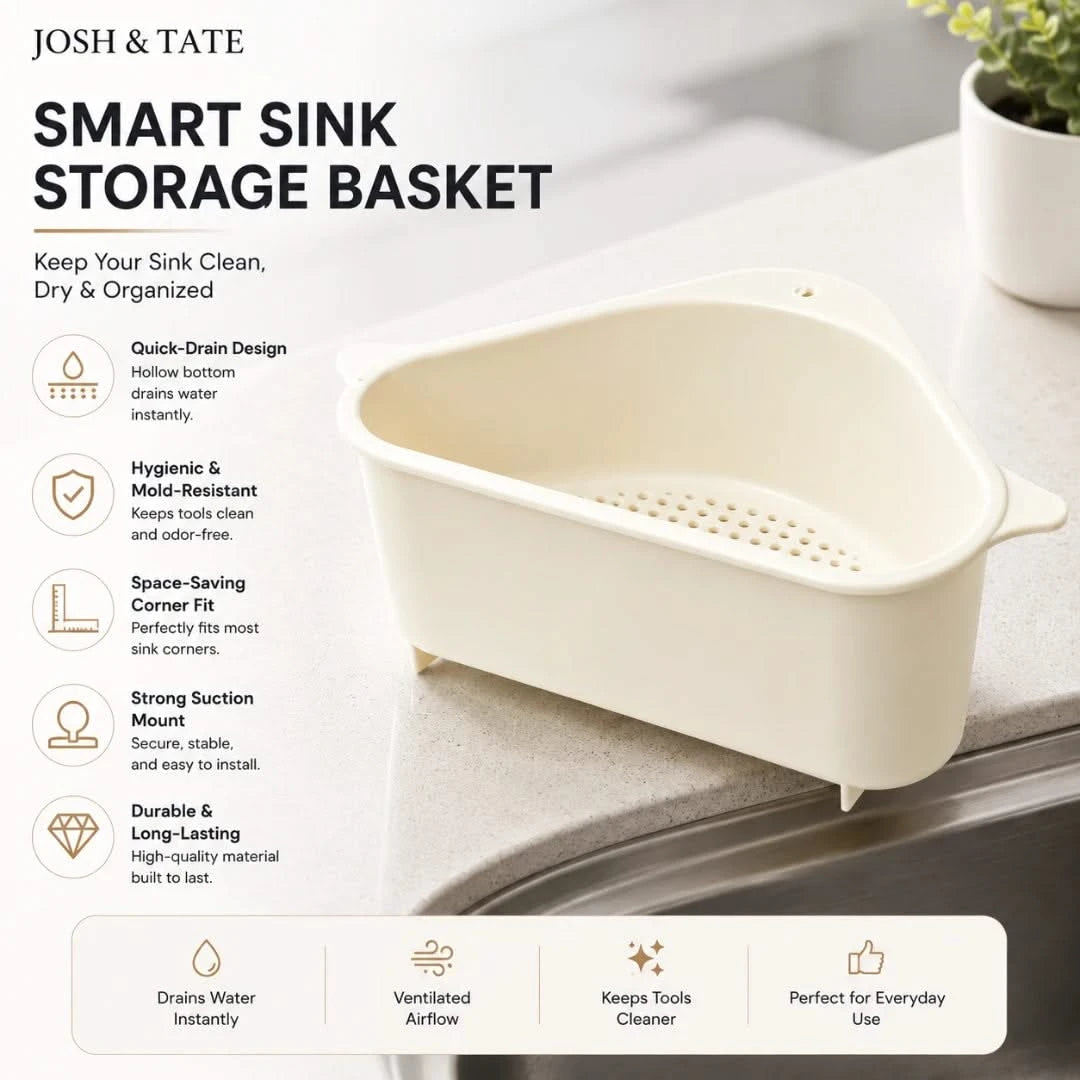 Josh & Tate - SinkEdge™ Corner Strainer Basket - Smart sink storage basket with features listed on a white background
