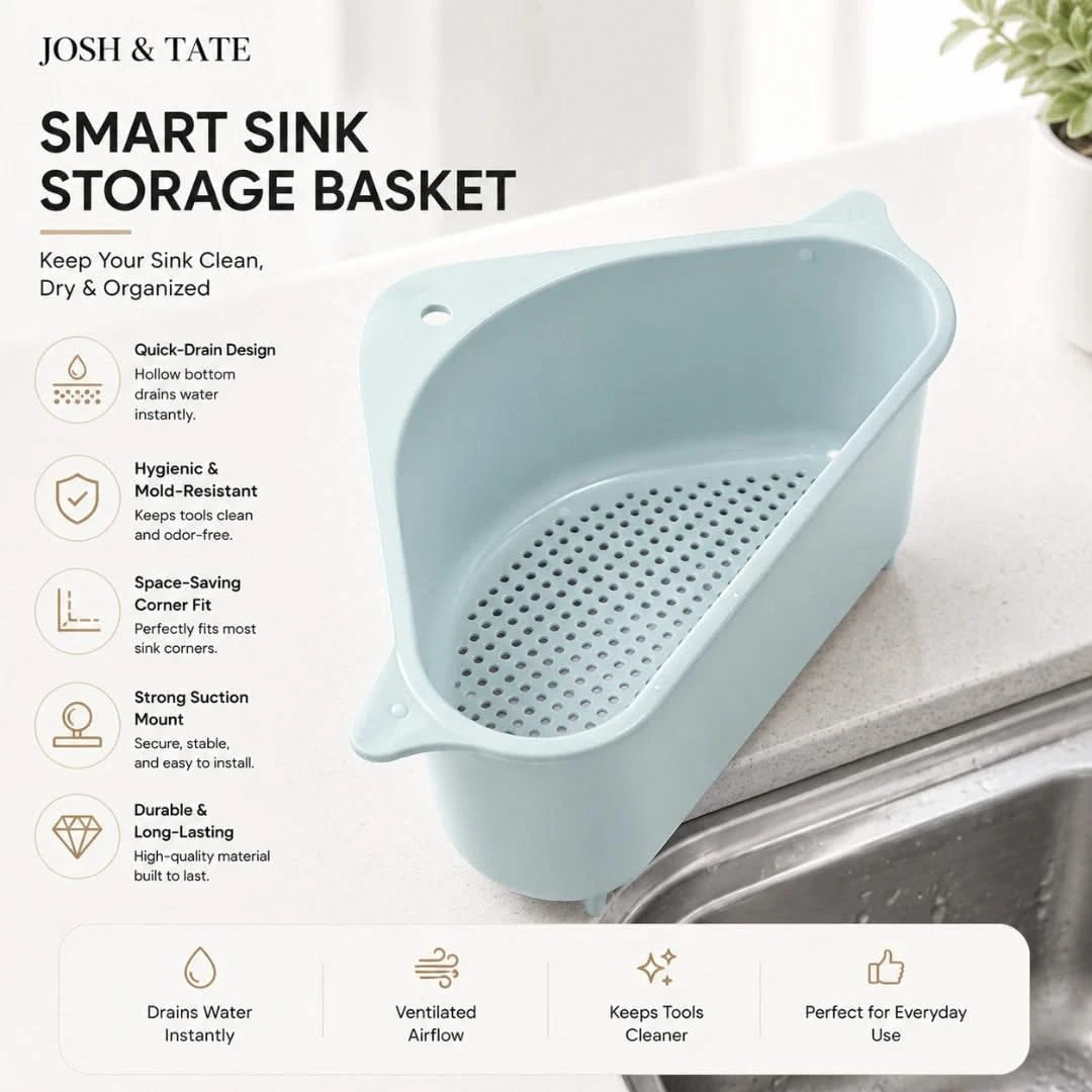 Josh & Tate - SinkEdge™ Corner Strainer Basket - Smart sink storage basket with features listed on a white background