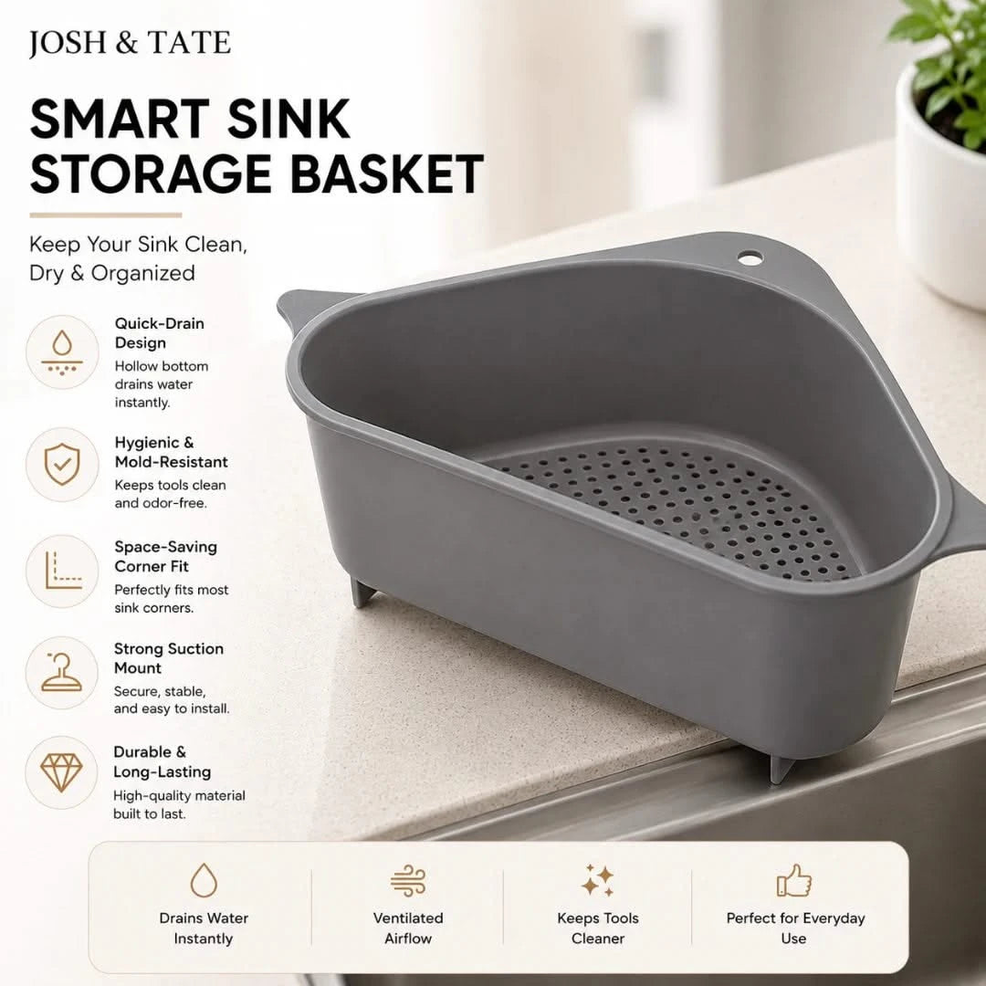Josh & Tate - SinkEdge™ Corner Strainer Basket - Gray smart sink storage basket with features listed on a white background