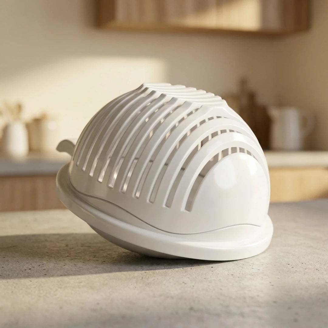Josh & Tate - SliceBowl™ 60-Second Salad Cutter - White kitchen strainer on a countertop with a blurred background