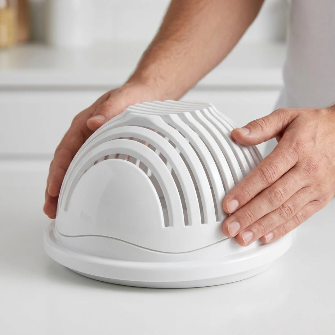 Josh & Tate - SliceBowl™ 60-Second Salad Cutter - White kitchen appliance with a person's hands holding it on a light background