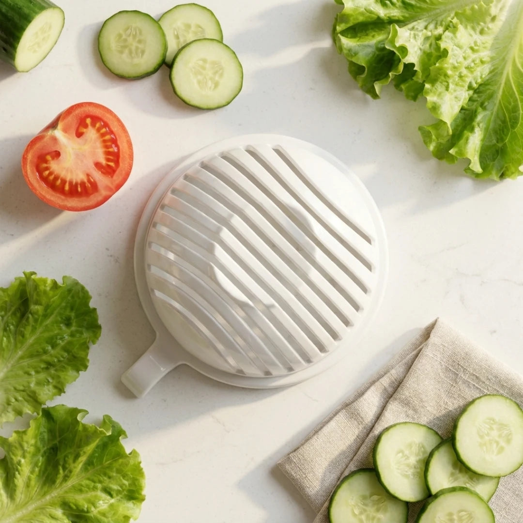 Josh & Tate - SliceBowl™ 60-Second Salad Cutter - White vegetable slicer surrounded by sliced cucumbers, tomatoes, and lettuce on a light surface.