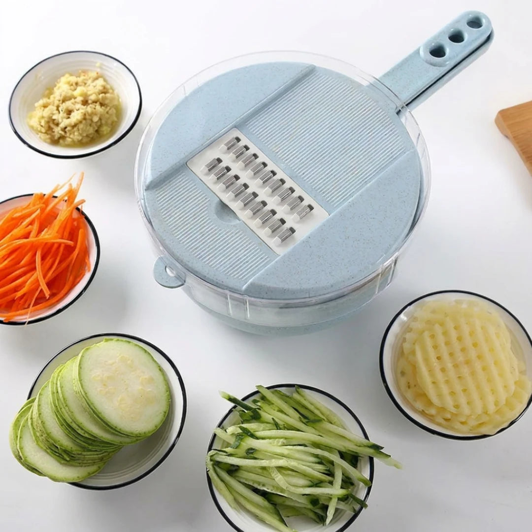 Josh & Tate - SliceNest™ 8-in-1 Vegetable Slicer Set - Vegetable chopper with sliced vegetables on a white background