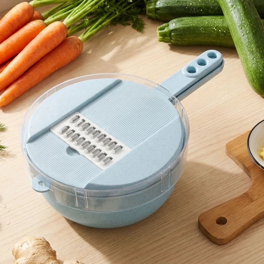 Josh & Tate - SliceNest™ 8-in-1 Vegetable Slicer Set - Blue vegetable chopper on a wooden surface with carrots and zucchinis in the background