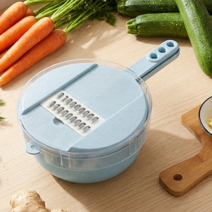 Josh & Tate - SliceNest™ 8-in-1 Vegetable Slicer Set - Blue vegetable chopper on a wooden surface with carrots and zucchinis in the background