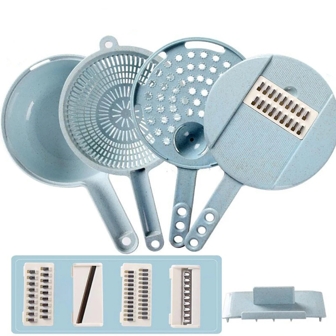 Josh & Tate - SliceNest™ 8-in-1 Vegetable Slicer Set - Set of blue kitchen tools including a colander, strainer, and various attachments on a white background.