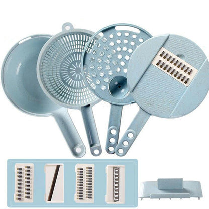 Josh & Tate - SliceNest™ 8-in-1 Vegetable Slicer Set - Set of blue kitchen tools including a colander, strainer, and various attachments on a white background.