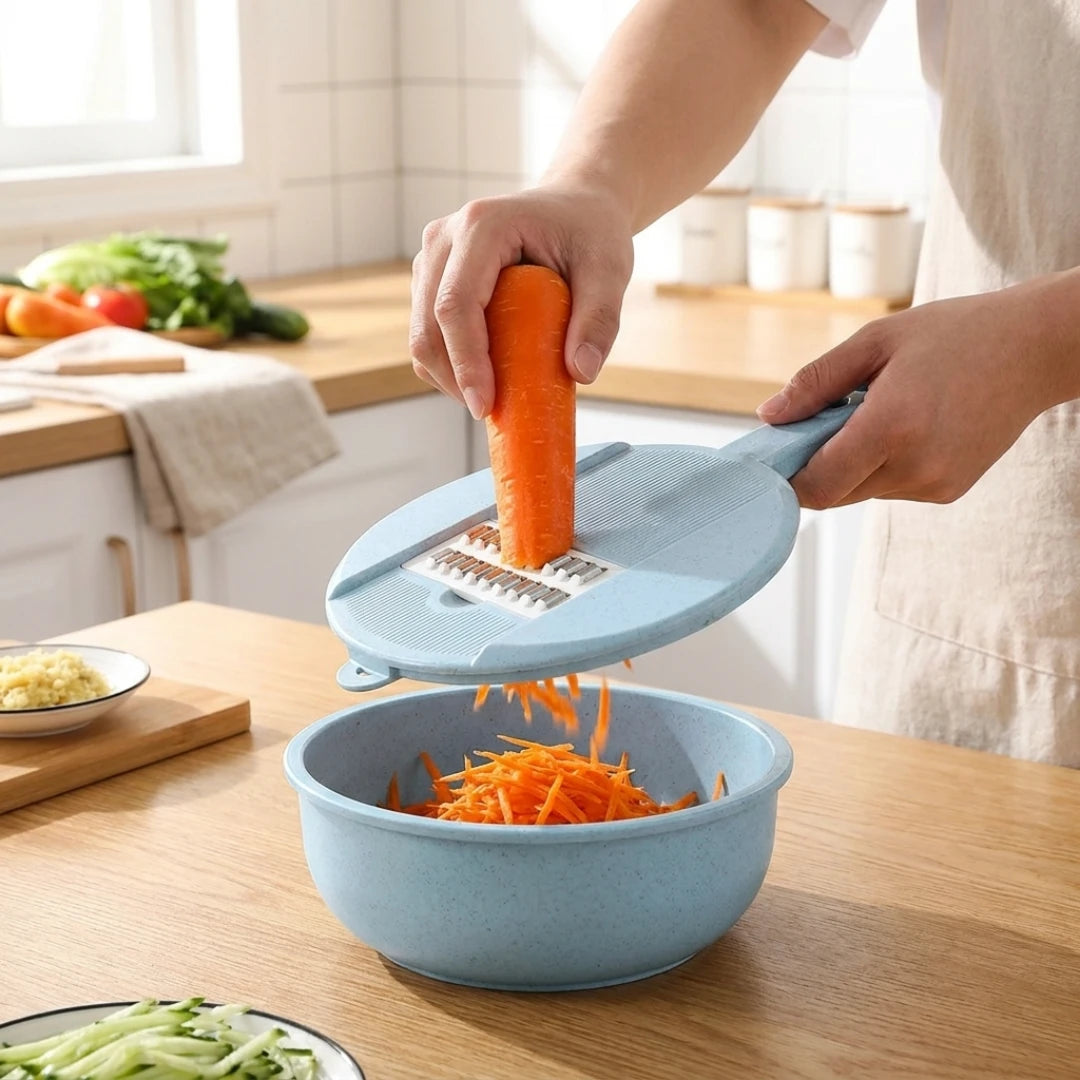 Josh & Tate - SliceNest™ 8-in-1 Vegetable Slicer Set - Person using a blue vegetable shaver to shred carrots into a bowl on a kitchen counter. 
