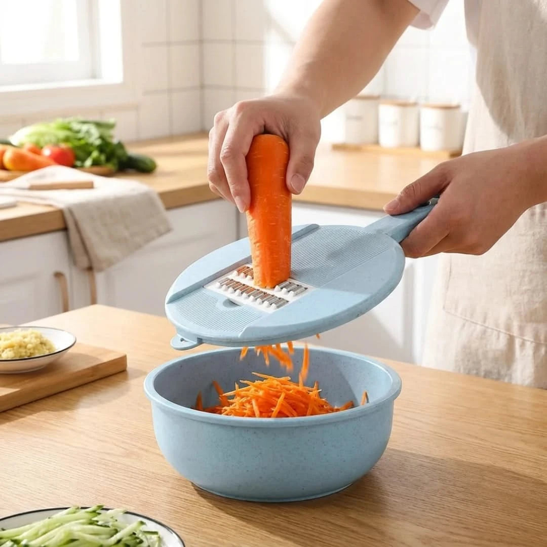Josh & Tate - SliceNest™ 8-in-1 Vegetable Slicer Set - Person using a blue vegetable shaver to shred carrots into a bowl on a kitchen counter. 