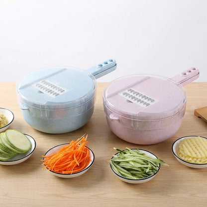 Josh & Tate - SliceNest™ 8-in-1 Vegetable Slicer Set - Two kitchen grating devices on a wooden surface with grated vegetables.