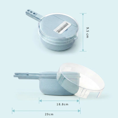 Josh & Tate - SliceNest™ 8-in-1 Vegetable Slicer Set - Collapsible bowl with measurements on a light blue background