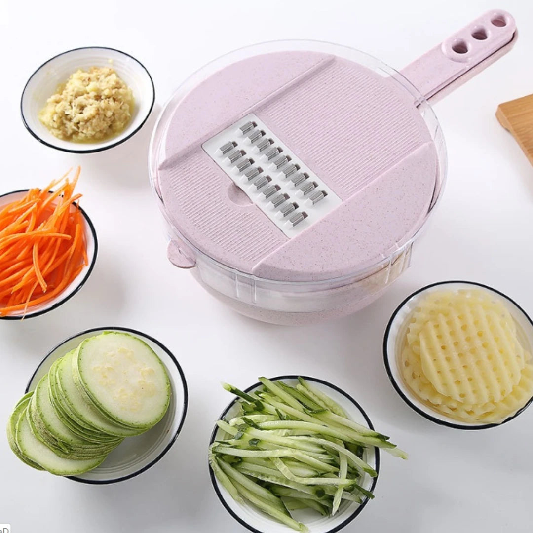 Josh & Tate - SliceNest™ 8-in-1 Vegetable Slicer Set - Pink vegetable chopper with sliced vegetables on a white surface