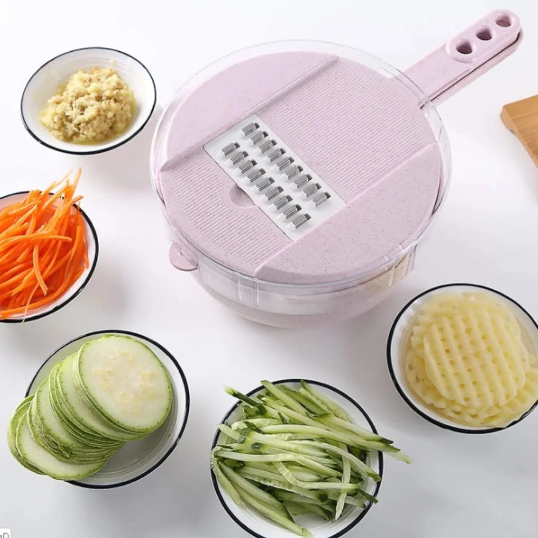 Josh & Tate - SliceNest™ 8-in-1 Vegetable Slicer Set - Pink vegetable chopper with sliced vegetables on a white surface