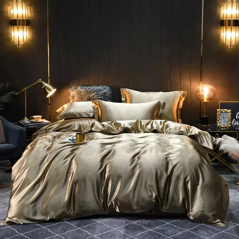 Luxurious satin bedding set on a bed in a dimly lit bedroom with decorative wall lights.