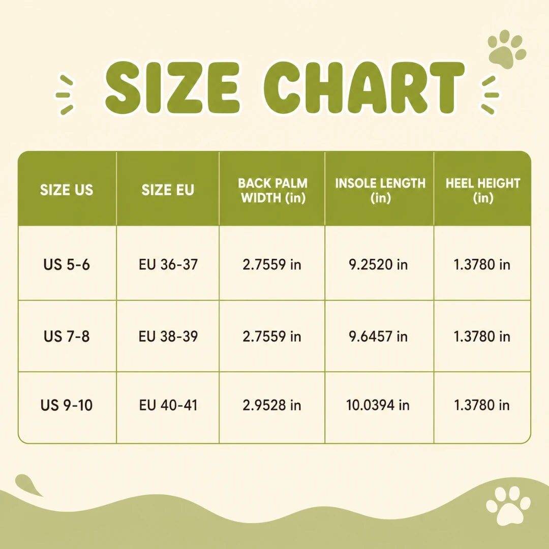 Josh & Tate - SnaggleToe™ Slides - A size chart graphic with a table comparing US and EU sizes, back palm width, insole length, and heel height in inches. The design uses olive green and cream colors with paw print illustrations in the corners.