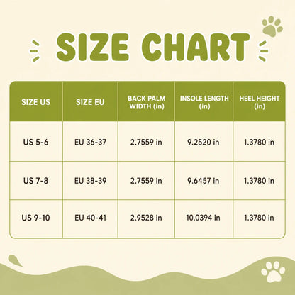 Josh & Tate - SnaggleToe™ Slides - A size chart graphic with a table comparing US and EU sizes, back palm width, insole length, and heel height in inches. The design uses olive green and cream colors with paw print illustrations in the corners.