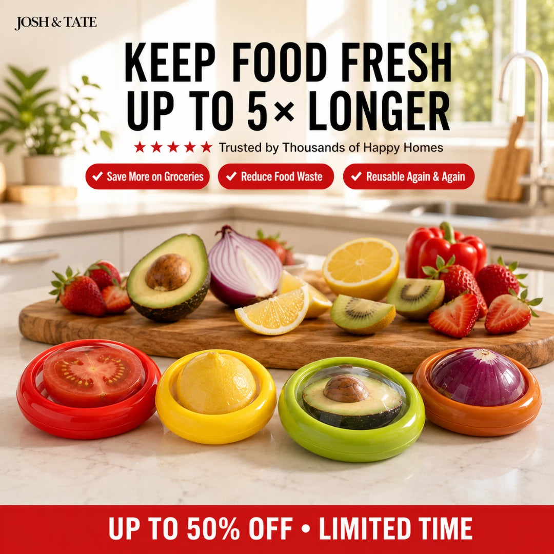 Josh & Tate - SnapKeep™ 4-Piece Food Savers - Food storage containers with fruits and vegetables on a kitchen counter, promoting extended freshness.