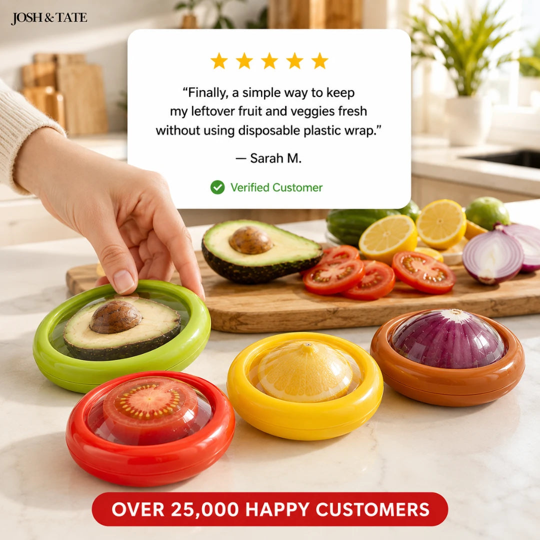 Josh & Tate - SnapKeep™ 4-Piece Food Savers - Colorful kitchen gadgets on a counter with a customer review and brand name displayed.