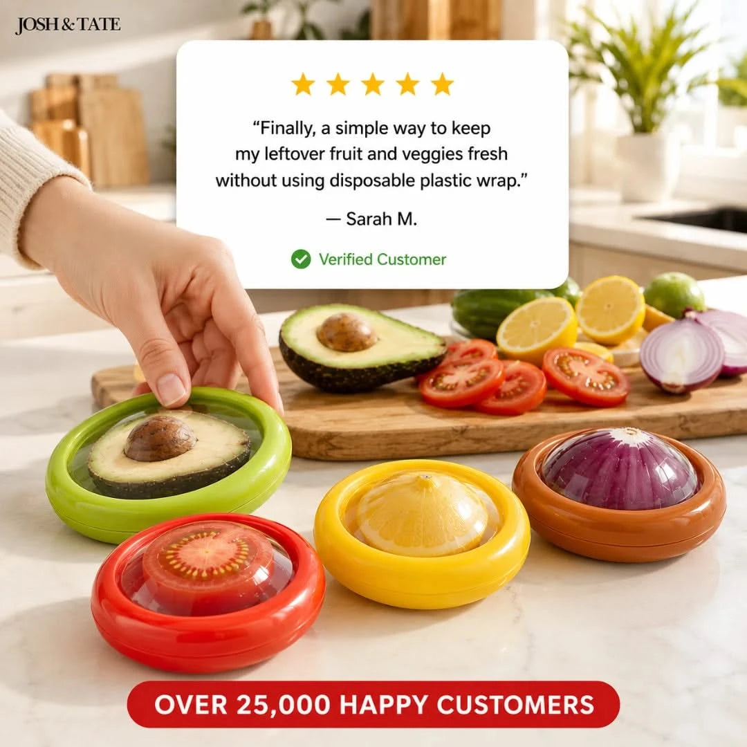 Josh & Tate - SnapKeep™ 4-Piece Food Savers - Colorful kitchen gadgets on a counter with a customer review and brand name displayed.