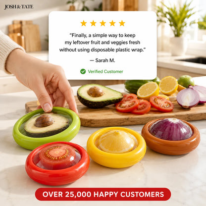 Josh & Tate - SnapKeep™ 4-Piece Food Savers - Colorful kitchen gadgets on a counter with a customer review and brand name displayed.