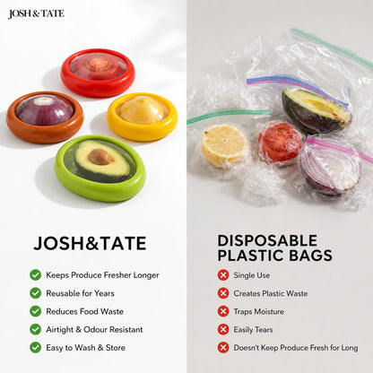 Josh & Tate - SnapKeep™ 4-Piece Food Savers - Josh & Tate containers and disposable plastic bags with product comparison on a white background
