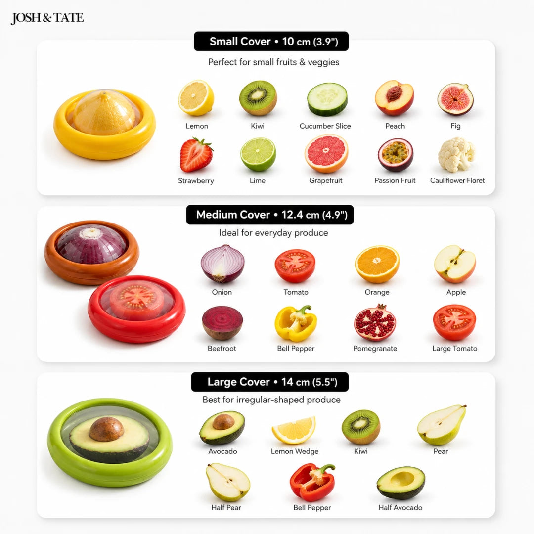 Josh & Tate - SnapKeep™ 4-Piece Food Savers - Product display of different size covers for fruits and vegetables with corresponding items.