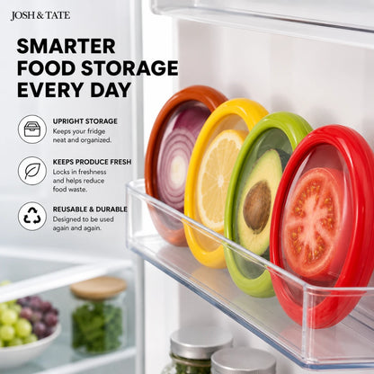 Josh & Tate - SnapKeep™ 4-Piece Food Savers - Colorful food storage containers with a refrigerator background, featuring Josh & Tate branding.