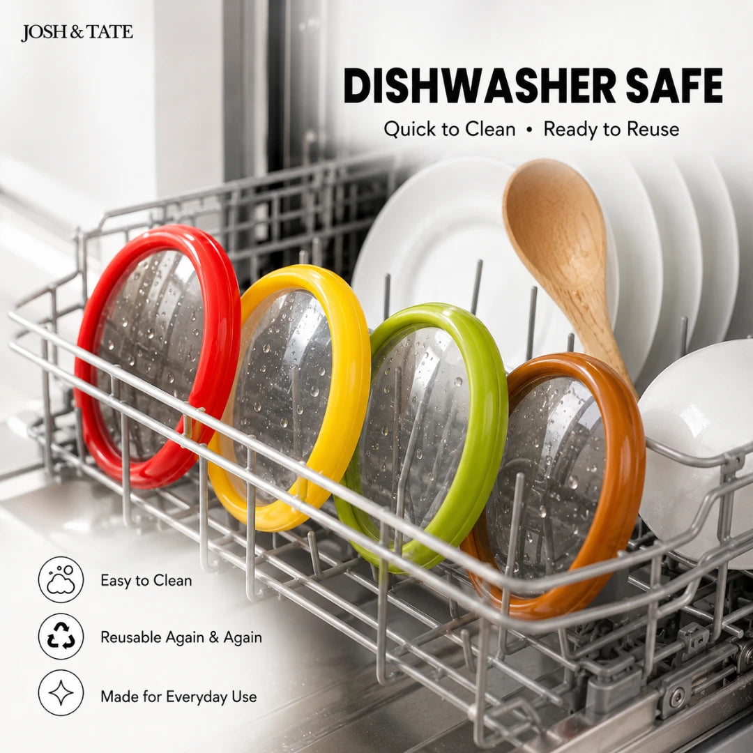 Josh & Tate - SnapKeep™ 4-Piece Food Savers - Dishwasher safe product in a dishwasher with colorful lids and a wooden spoon.
