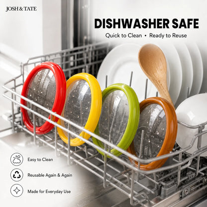 Josh & Tate - SnapKeep™ 4-Piece Food Savers - Dishwasher safe product in a dishwasher with colorful lids and a wooden spoon.