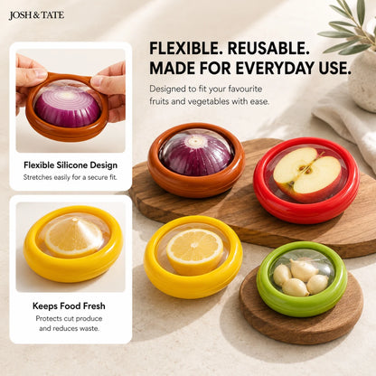 Josh & Tate - SnapKeep™ 4-Piece Food Savers - silicone food covers with fruits and vegetables on a wooden board, featuring text about flexibility, reusability, and everyday use.