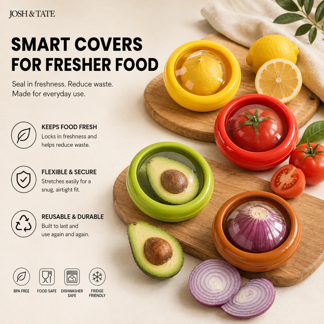 Josh & Tate - SnapKeep™ 4-Piece Food Savers - Smart food covers with fruits and vegetables on a wooden board, featuring Josh & Tate branding.