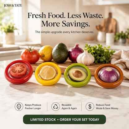 Josh & Tate - SnapKeep™ 4-Piece Food Savers - Kitchenscape with produce containers and promotional text for Josh & Tate products.