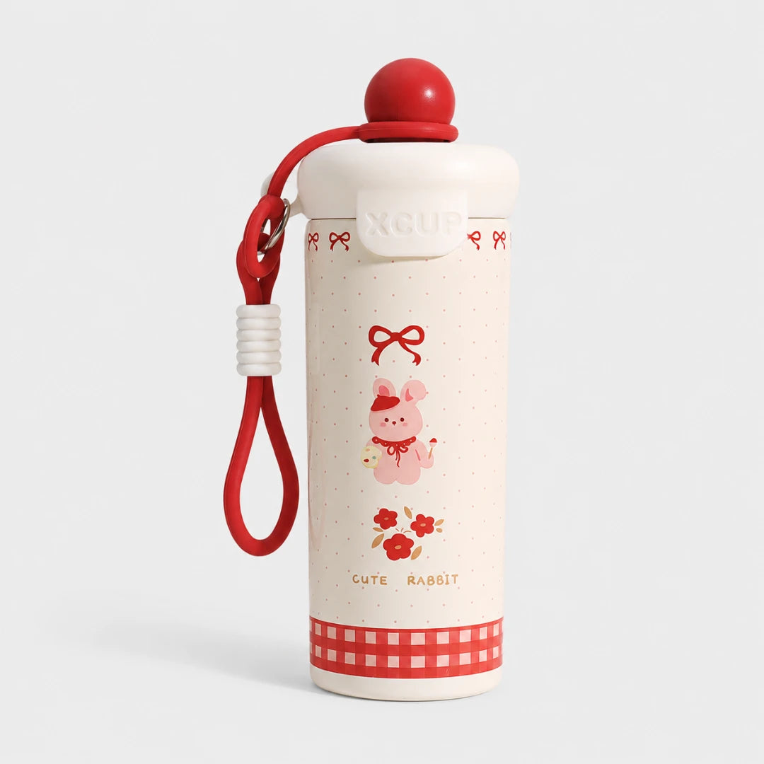 Josh & Tate - SnugPop™ Cute Insulated Tumbler - A cream-colored insulated water bottle with a red lid, red carrying strap, and cute pink rabbit illustration on the front, set against a light gray background.
