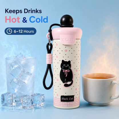Josh & Tate - SnugPop™ Cute Insulated Tumbler - A reusable insulated drink bottle with a pink lid and a black cat illustration on a white body, shown with a carrying strap. The bottle is centered against a light blue background with promotional text reading 'Keeps Drinks Hot & Cold' and '6-12 Hours.