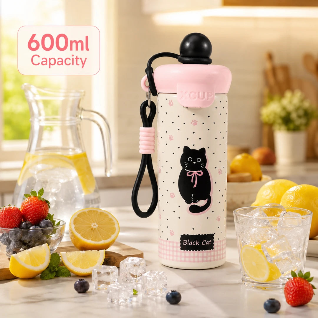 Josh & Tate - SnugPop™ Cute Insulated Tumbler - A 600ml insulated wate r bottle with a pink lid and black cat illustration, displayed on a kitchen counter with lemons, strawberries, blueberries, and a glass of iced water. A pink '600ml Capacity' label is visible in the top left.