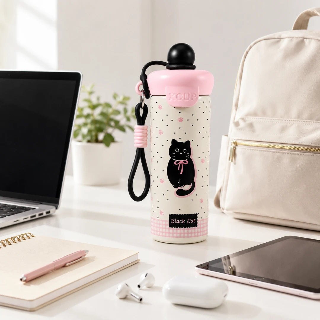 Josh & Tate - SnugPop™ Cute Insulated Tumbler - A cute pink and white insulated water bottle with a black cat illustration, styled on a white desk next to a laptop, notebook, tablet, and backpack.