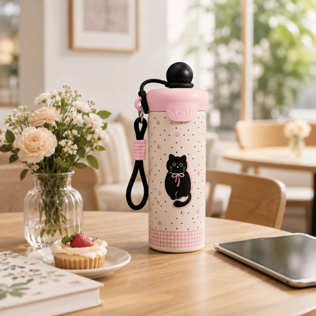 Josh & Tate - SnugPop™ Cute Insulated Tumbler - A pink and white insulated water bottle with a black cat illustration sits on a wooden table in a bright cafe setting, surrounded by a vase of flowers, a small dessert, and a smartphone.