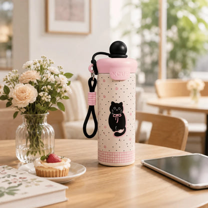 Josh & Tate - SnugPop™ Cute Insulated Tumbler - A pink and white insulated water bottle with a black cat illustration sits on a wooden table in a bright cafe setting, surrounded by a vase of flowers, a small dessert, and a smartphone.