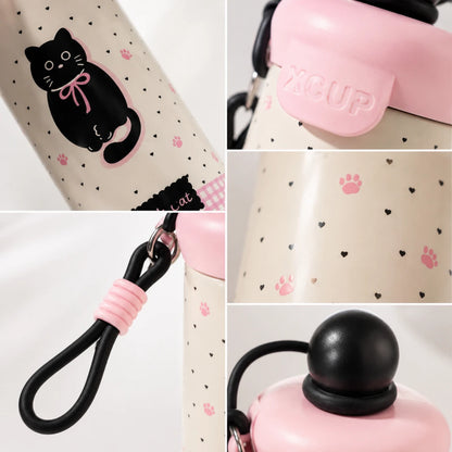 Josh & Tate - SnugPop™ Cute Insulated Tumbler - A collage of close-up product shots showing a reusable water bottle with a pink lid, black and pink cat illustration, small black paw-print and heart pattern on a warm cream background, a black carrying loop with pink wrap, and the embossed XCUP brand on the lid.