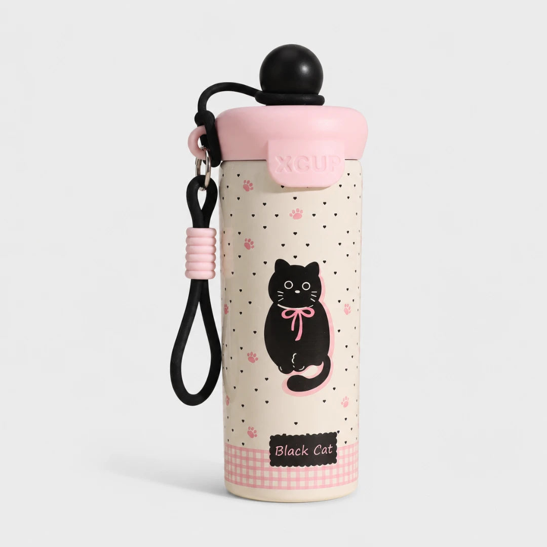 Josh & Tate -  SnugPop™ Cute Insulated Tumbler- A cute stainless steel water bottle with a black cat illustration, pink lid, and black wrist strap, set against a plain light gray background.