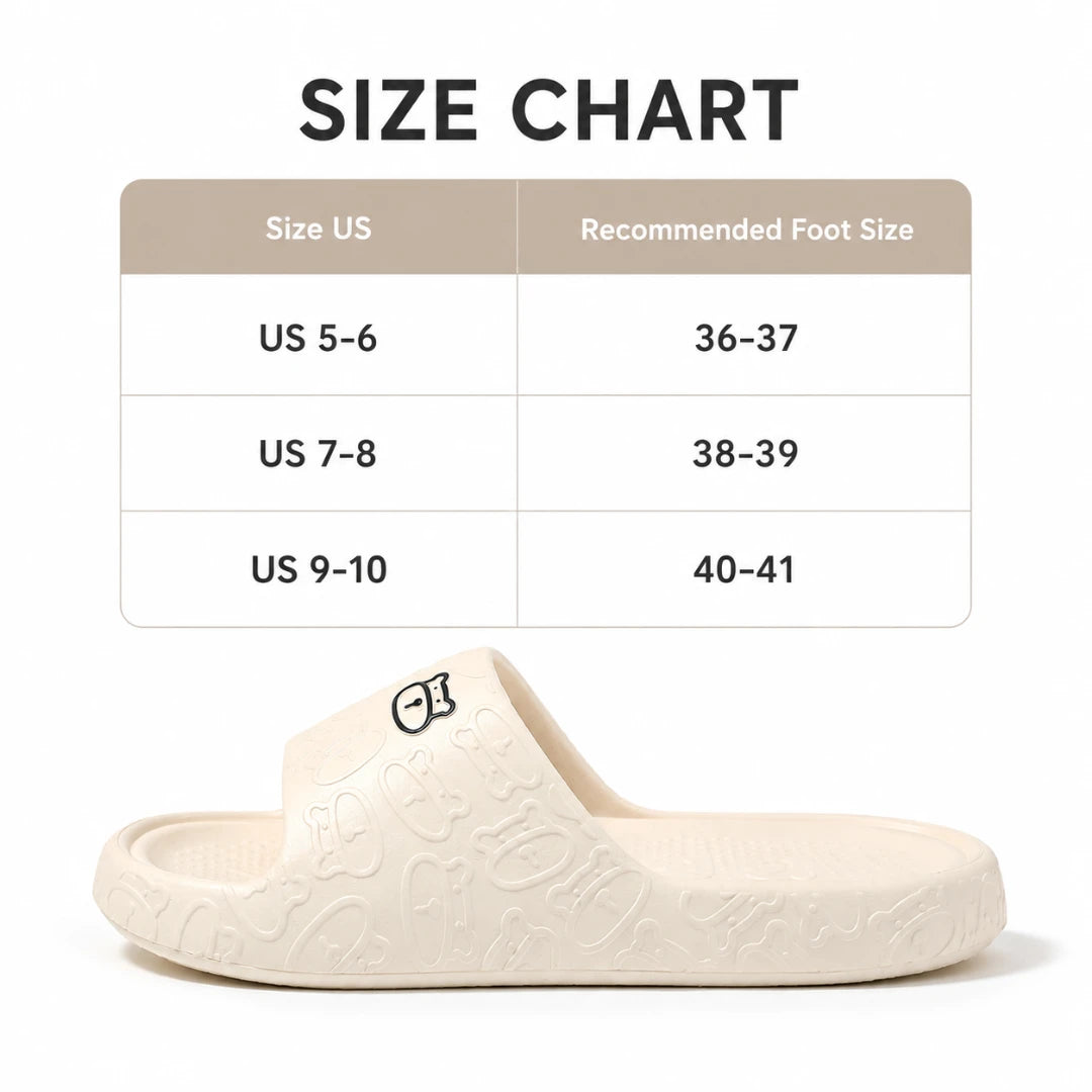 Josh & Tate - SoftBear™ Non-Slip Cushion Slides - Size chart graphic showing a cream-colored embossed slide sandal below a size conversion table with US sizes and recommended foot sizes.